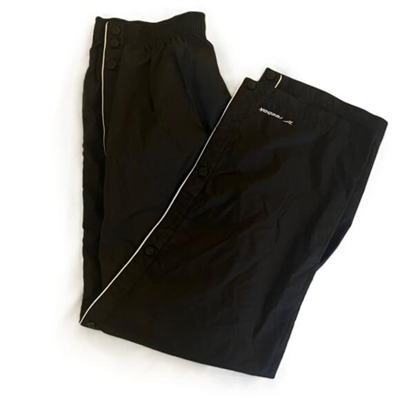Vintage Reebok Track Pants Mens M Black Nylon Windbreaker Snap Button Y2K Baggy - Picture 1 of 7